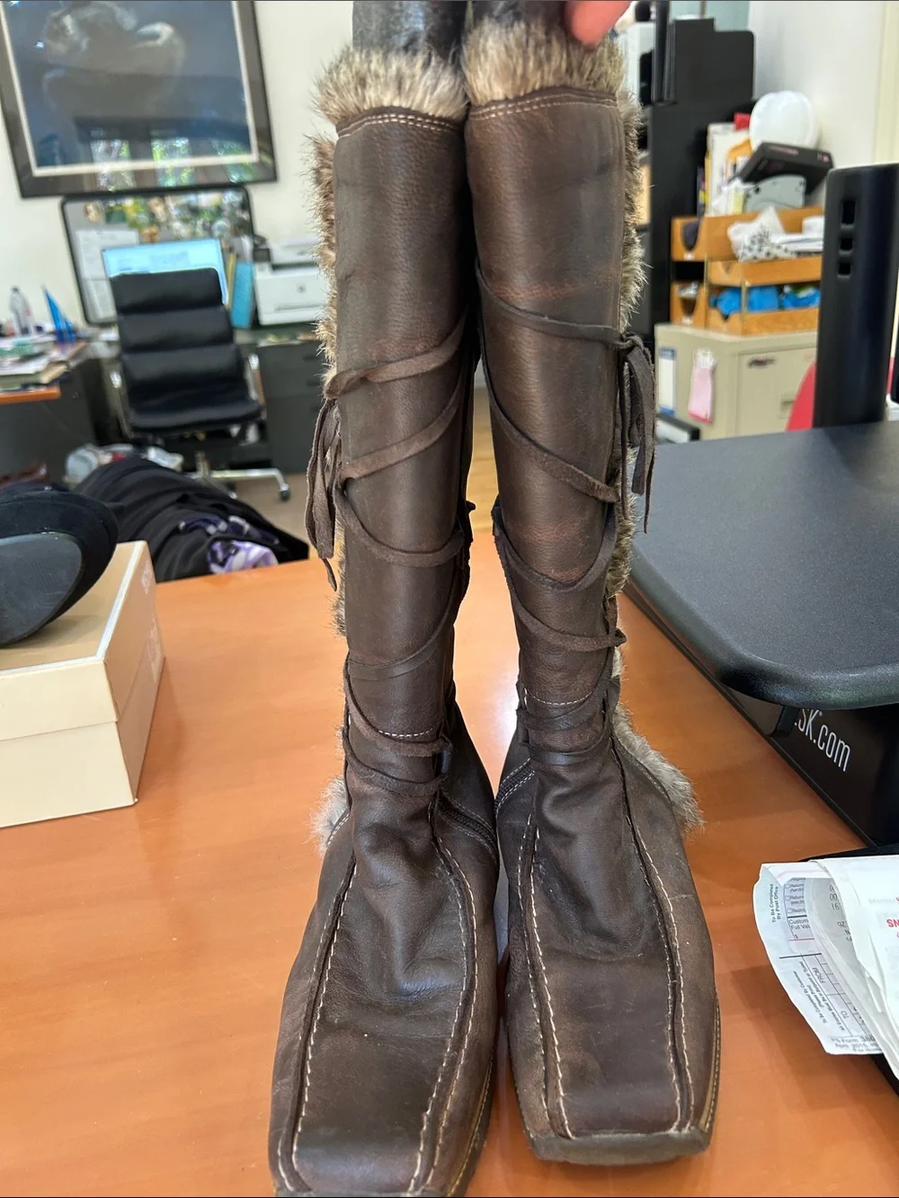 Brown Leather Knee Boots with Fur Trim and Lining